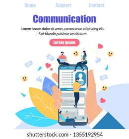 Square Banner with Copy Space. Chat Talk of Young People Using Gadgets for Sending Messages in Internet Messenger. Guys and Woman Sit on Big Smartphone and Typing Sms Cartoon Flat Vector Illustration