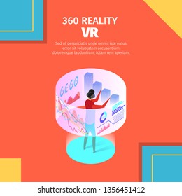 Square Banner with Copy Space. Man Wear Vr Glasses Interacting Virtual Augmented Reality in Life. Analysing Data Process for Business Touching 360 Circle Screen. 3d Flat Vector Isometric Illustration