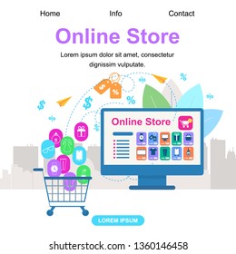 Square Banner with Copy Space. Online Store. Shopcart Trolley with Buys Icons Stand near Large PC Computer Monitor Screen with Website App. Price Tags Signs Around. Shopping Flat Vector Illustration