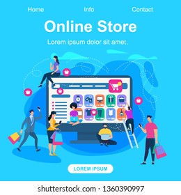 Square Banner with Copy Space. Online Store. People Shopping. Happy Customers Buying and Making Payments With Gadgets in Internet Digital Shop. Huge PC Monitor App. Cartoon Flat Vector Illustration