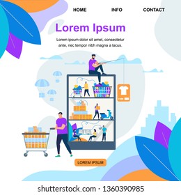 Square Banner with Copy Space. People Characters Buying Things in Virtual Store. Online Shopping. Express Delivery Service Ship Goods to Consumers. Internet Commerce, Cartoon Flat Vector Illustration