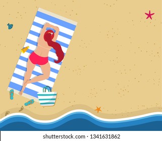 Square Banner with Copy Space. Top View Tropical Beach. Young Sunburnt Woman in Red Bikini Topless. Summer Time Vacation. Sunbathing Girl on Beach. Female Character. Cartoon Flat Vector Illustration