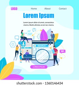 Square Banner with Copy Space. Young People Using Gadgets for Online Search. Men and Women Sitting at Huge Tablet and Smartphone. Magnifier Searching Information. Cartoon Flat Vector Illustration