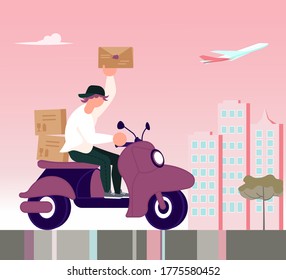 Square banner of Courier service. Fast delivery by scooter on the city and a pink sunset background, Online order concept, Ecommerce. Flat Art Vector Illustration