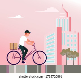 Banner cuadrado del servicio Courier. Entrega rápida en bicicleta, concepto de pedido en línea, Ecommerce. Ilustración de vectores de arte plano