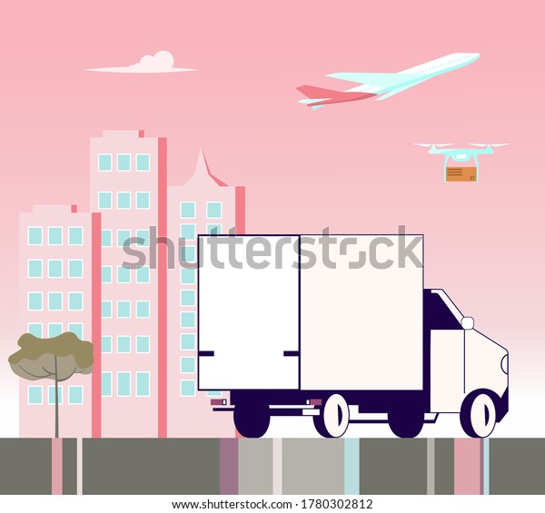 Square banner of Courier service.\
Fast delivery by car on the city and a pink sunset background,\
Online order concept, Ecommerce. Flat Art Vector\
Illustration
