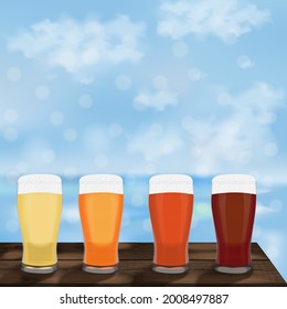 Square banner with craft beer in pilsner glasses. Wooden table against the background of the sea and blue sky. Light and dark beer, ale, and lager. Beer day. Template. Post. Vector illustration