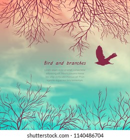 Square banner with crows and tree branches. Template for postcard, poster or advertisement