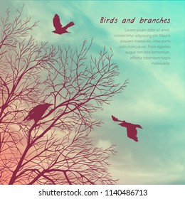 Square banner with crows and tree branches. Template for postcard, poster or advertisement
