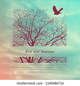 Square banner with crows and tree branches. Template for postcard, poster or advertisement