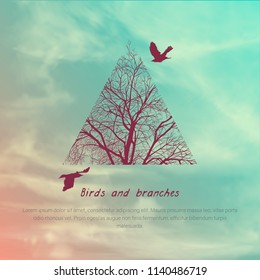 Square banner with crows and tree branches. Template for postcard, poster or advertisement