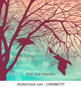 Square banner with crows and tree branches. Template for postcard, poster or advertisement
