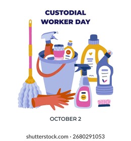 Anuncio cuadrado para el Día del Trabajador Custodio con herramientas de limpieza y limpieza de moda brillante en cubo. Cartel de vacaciones minimalista, con ilustración conceptual, Plantilla para el Sitio web, medios de comunicación.