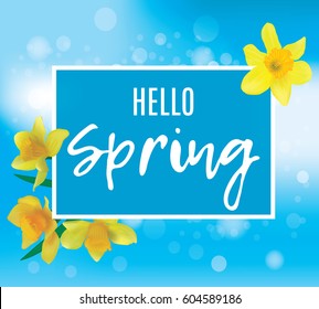 Square banner with daffodils on the corners. Hello spring. Bright blue banner with bokeh. Vector flower.