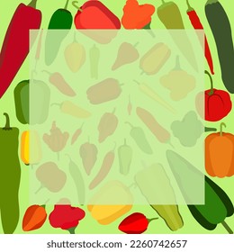 Square banner with different types of pepper. Sweet, mild and medium hot, super hot peppers. Vegetables. Flat style. Vector illustration isolated on green background. Template.