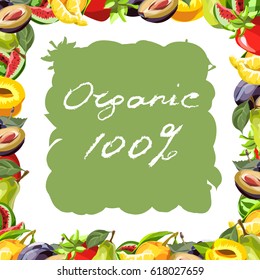 Square banner with drawn fruits. Vector fruit mix. Illustration for healthy eating and organic foods. Can be used as a cover, banner, frame or for advertising