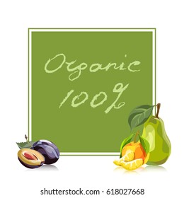 Square banner with drawn fruits. Vector fruit mix. Illustration for healthy eating and organic foods. Can be used as a cover, banner, frame or for advertising