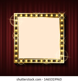Square banner with empty space for filling it with text vector, luxurious frame with golden bulbs. Vintage retro style of framing, red curtain background