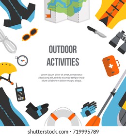 Square banner equipment for sports and outdoor activities flat design. Boat, clothes, compass and map for rafting isolated. For website, print and advertising, vector illustration