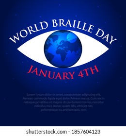 Banner cuadrado con globo ocular y terrestre. Día mundial de braille, 4 de enero de fondo azul. Espacio para texto, espacio de copia 