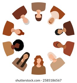 Square banner with faceless women of different nationalities, religions, arranged in circle. March 8, International Women's Day. Accelerate action. Isolated flat vector on transparent background EPS10