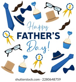 Square banner for Father's Day with men's elements. Happy Fathers Day. Hat, tie, eyeglasses, vector illustration.