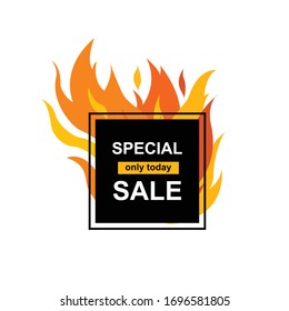 Square banner with  fire and Special sale words. Black card for hot offer with frame graphic. Template. Vector Illustration