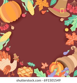Square banner, frame with cartoon thanksgiving symbols - turkey, pumpkin pie, fruits, vegetables and round place for text, paper style vector illustration.