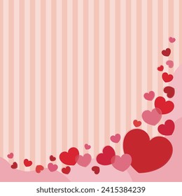 Square banner frame with cute stripes and fluid shape with red and pink hearts