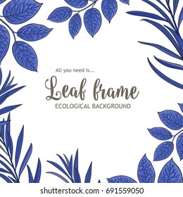 Square banner, frame of tree twigs, branches with fresh blue leaves and round place for text, sketch vector illustration isolated on white background. Square frame of hand drawn twigs, leaves