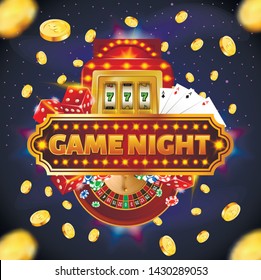 Square Banner with Game Night Typography, Four Aces Playing Cards, Chips, Cubes, Roulette and Slot Machine on Blue Background with Falling Gold Coins, Gambling Games, 3D Vector Realistic Illustration
