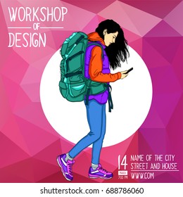 A square banner with a girl in the center. Vector banner for the workshop or Hackathon on mobile technologies, tourism, social networks.