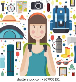 Square banner with girl tourist.  Young smile woman is a traveler with a pattern of things for tourism and travel. Poster with Icons of  backpack, fanatic, map, smartphone and camera. Vector