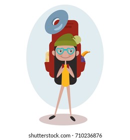 Square banner with girl tourist. Young smile woman is a traveler with a pattern of things for tourism and travel. Poster with Icons of backpack, fanatic, Vector