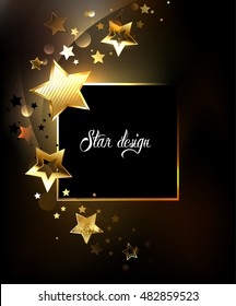 Square banner with gold, jewels glittering stars on black background.