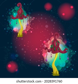 Square banner of a group of ornamental mushrooms. Unusual fantasy cartoon colorful mushrooms. Magic mushrooms in a fairy fog and fireflies on a dark background. A beautiful, mysterious sticker