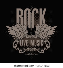 Square banner with a guitar and wings and the words of rock music on a black background