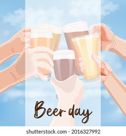 Square banner with hands holding beer mugs, pilsner glasses and weizen. on blue sky and sea background. International Beer Day. Beer day. Alcoholic drinks. Template. Post. Vector illustration.