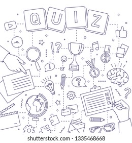 Square banner with hands of people solving riddles, answering quiz questions, taking part in intellectual competition drawn with contour lines on white background. Monochrome vector illustration.