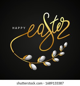 Square banner Happy Easter with a golden inscription of willow branches on a black background 