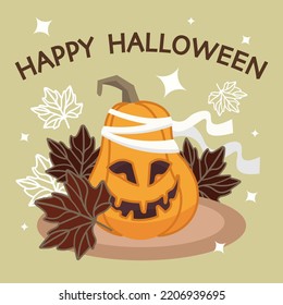 square banner happy halloween pumpkin in bandages and autumn leaves