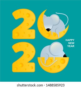 Square banner for Happy New Year, symbol of 2020. Mice on pieces of cheese. Template for greeting card, poster, flyer 