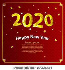 Square banner Happy New Year 2020. Golden numbers on a red background. Copy space for your text. Vector 