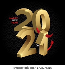 Square banner Happy New Year. Gold numbers 2021 on a black background. The number 1 is stylized as a bull, a symbol of the year 