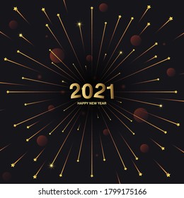 Square banner Happy New Year 2021. Flying rays of salute or fireworks on a black background. The concept of the holiday, festival