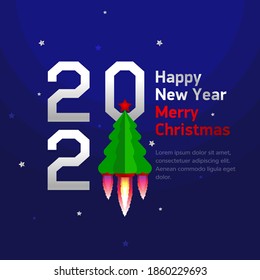 Square banner Happy New Year and Merry Christmas 2021, number 1 in the form of a Christmas tree with a flame from the engines, against the background of the starry sky 