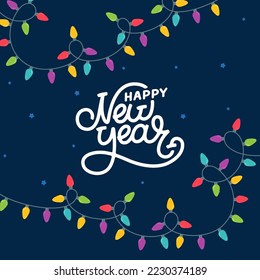 Square banner of Happy New Year and garlands with colorful lamps. Holiday or festival concept 