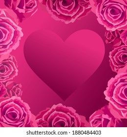 Cartel cuadrado con corazón y rosas. Ilustración vectorial, fondo, afiche para el día de San Valentín, tarjetas con amigos. Roses de flores de color rosa de marco, concepto de decoración para el día de San Valentín. Fondo rojo