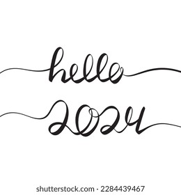 Square banner, hello 2024. Handwriting one line continuous lettering illustration.