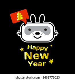 Square banner icon of a bunny with a gold inscription Happy New Year on a black background. Template greeting card, brochure or banner. Vector 
